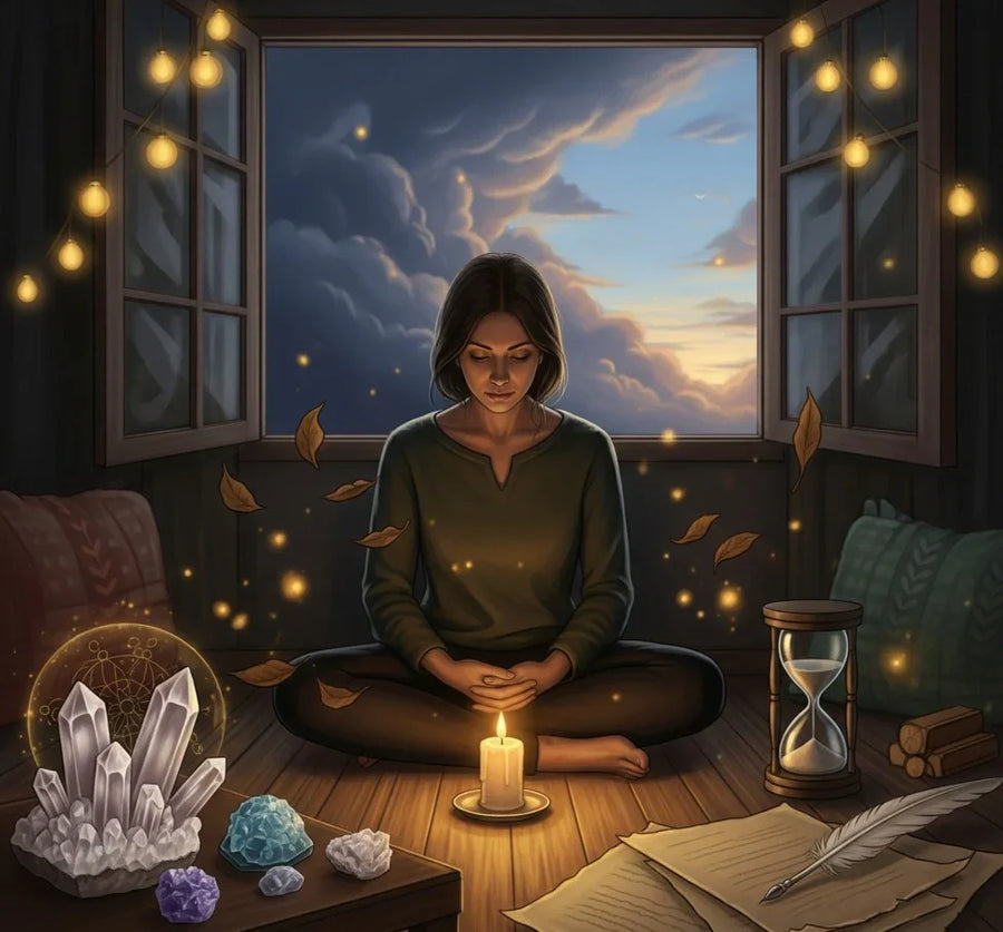 Mujer en actitud reflexiva frente a una vela encendida, rodeada de símbolos de transformación como hojas secas, reloj de arena y cielo cambiante; escena íntima y espiritual que representa los ciclos personales según la numerología.