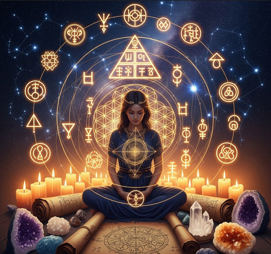Mujer en meditación rodeada de símbolos esotéricos, velas encendidas, cristales y constelaciones en un entorno místico; escena que representa la conexión entre numerología, espiritualidad y autoconocimiento ancestral.
