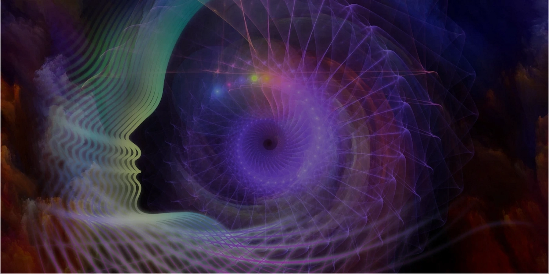 Espiral fractal en tonos violetas con luz y destellos de color.