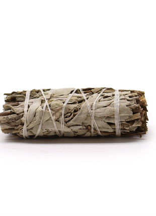 Vista frontal de atado de salvia blanca y follaje de pirul de 10 cm sahumerio natural