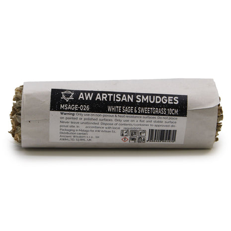 Vista trasera con etiqueta de atado de salvia blanca y hierba dulce de 10 cm sahumerio natural