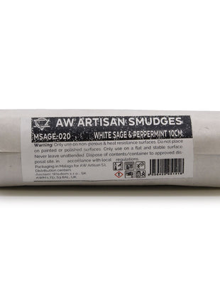 Vista trasera con etiqueta de atado de salvia blanca y menta de 10 cm sahumerio natural