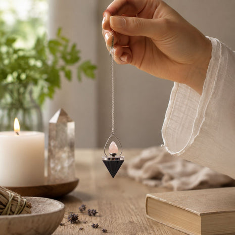 Imagen de Péndulo "Lantern of Life" de Ágata Negra y Cuarzo Rosa - Lectura numerológica en In Your Path