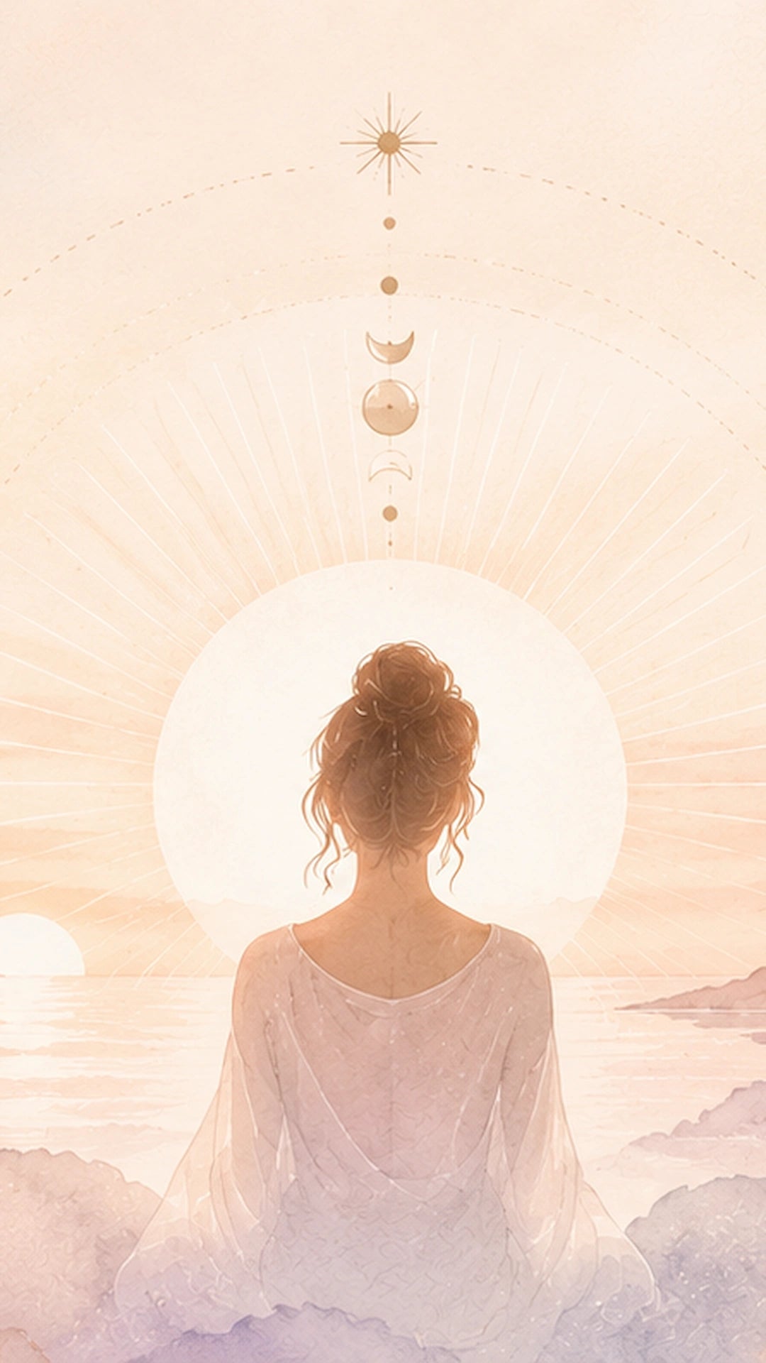 Ilustración de una mujer contemplando el horizonte en un paisaje simbólico