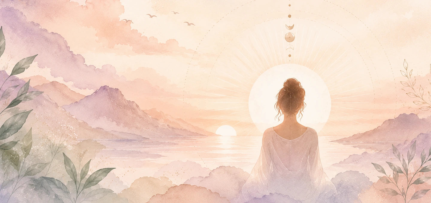 Ilustración de una mujer contemplando el horizonte en un paisaje simbólico