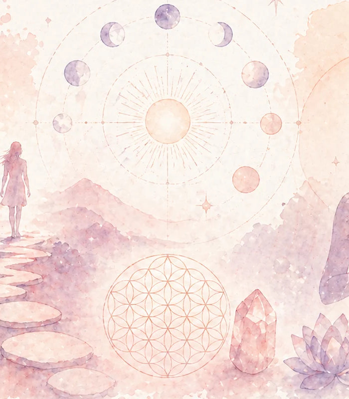 Escena de crecimiento personal con símbolos de numerología, ciclos de vida, introspección y evolución espiritual