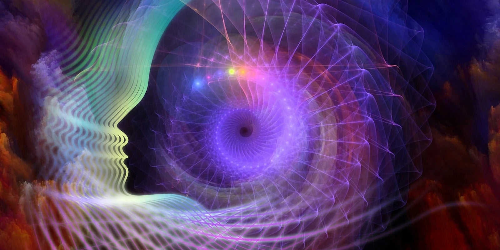 Espiral de energía luminosa en tonos violetas y azules que representa conexión espiritual y expansión del alma.