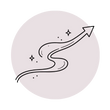 Icono lineal minimalista de un camino curvo que termina en una flecha ascendente con pequeñas estrellas decorativas sobre fondo circular neutro.