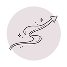 Icono lineal minimalista de un camino curvo que termina en una flecha ascendente con pequeñas estrellas decorativas sobre fondo circular neutro.