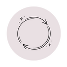 Icono lineal minimalista de dos flechas formando un círculo continuo con pequeñas estrellas decorativas sobre fondo circular neutro.