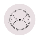 Icono lineal minimalista de un círculo simétrico con punto central y formas curvas internas sobre fondo circular neutro.