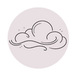 Icono lineal minimalista de una nube con líneas de viento sobre fondo circular neutro.