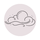 Icono lineal minimalista de una nube con líneas de viento sobre fondo circular neutro.