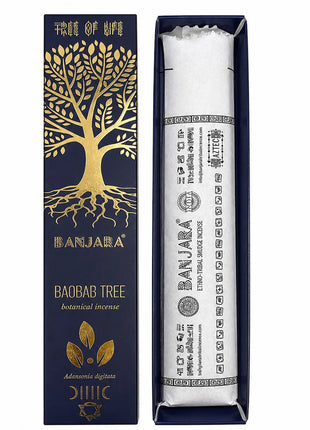 Incienso Botánico Árbol de Baobab Banjara (15 g), envase abierto y cerrado