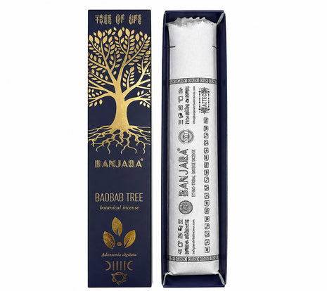 Incienso Botánico Árbol de Baobab Banjara (15 g), envase abierto y cerrado