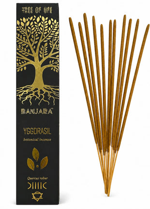 Incienso botánico Árbol de Yggdrasil Banjara con varillas y envase