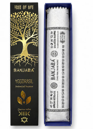 Envase e interior del incienso botánico Árbol de Yggdrasil Banjara