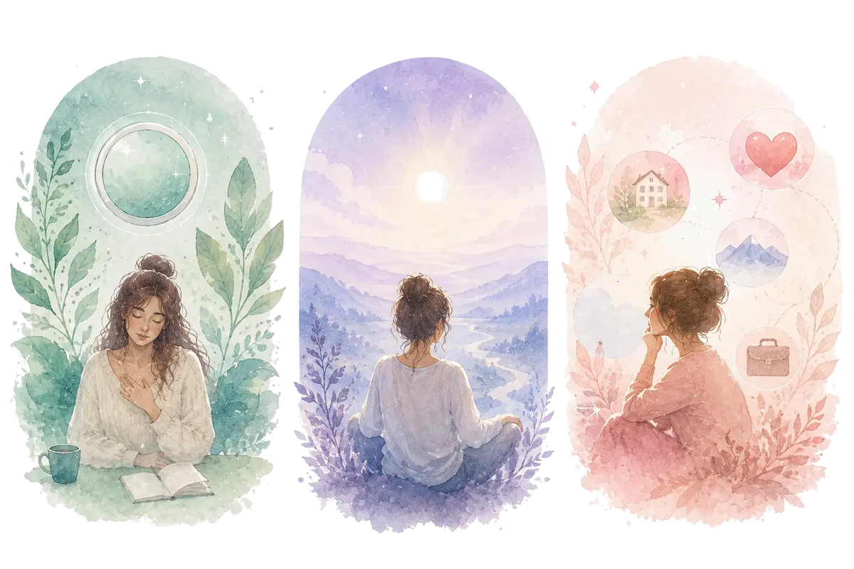 Ilustración de tres mujeres reflexionando sobre sí mismas, su camino y diferentes áreas de su vida