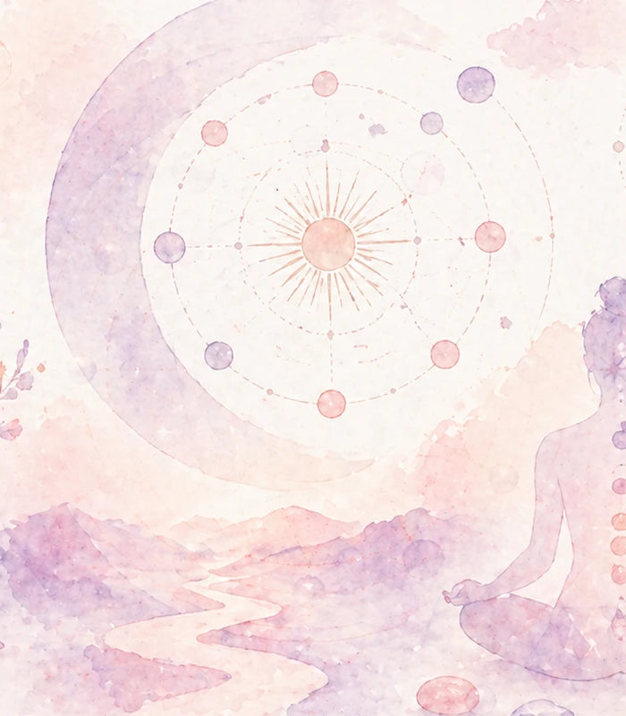 Figura en meditación con símbolos de numerología, ciclos energéticos y conexión espiritual