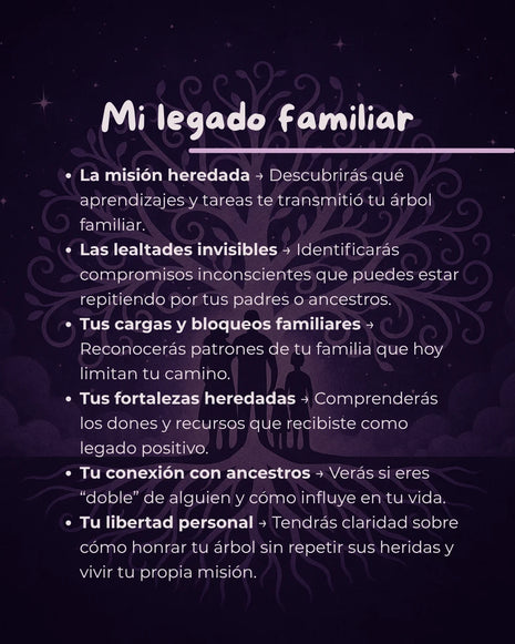 Contenido de la lectura de legado familiar sobre misión heredada, lealtades invisibles y bloqueos familiares