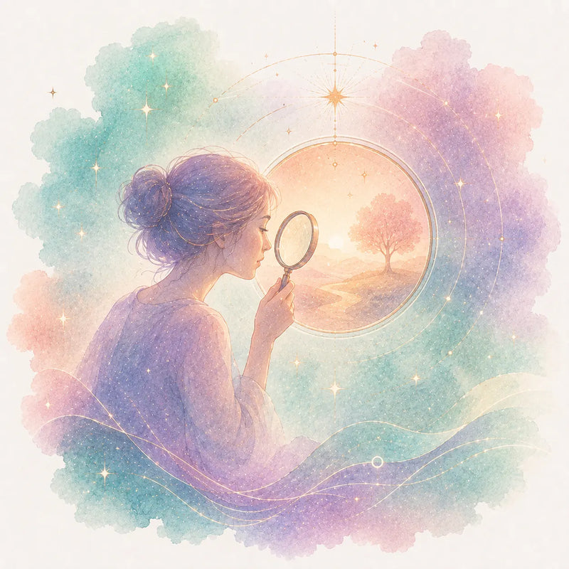 Mujer observando con una lupa una imagen simbólica de su mundo interior