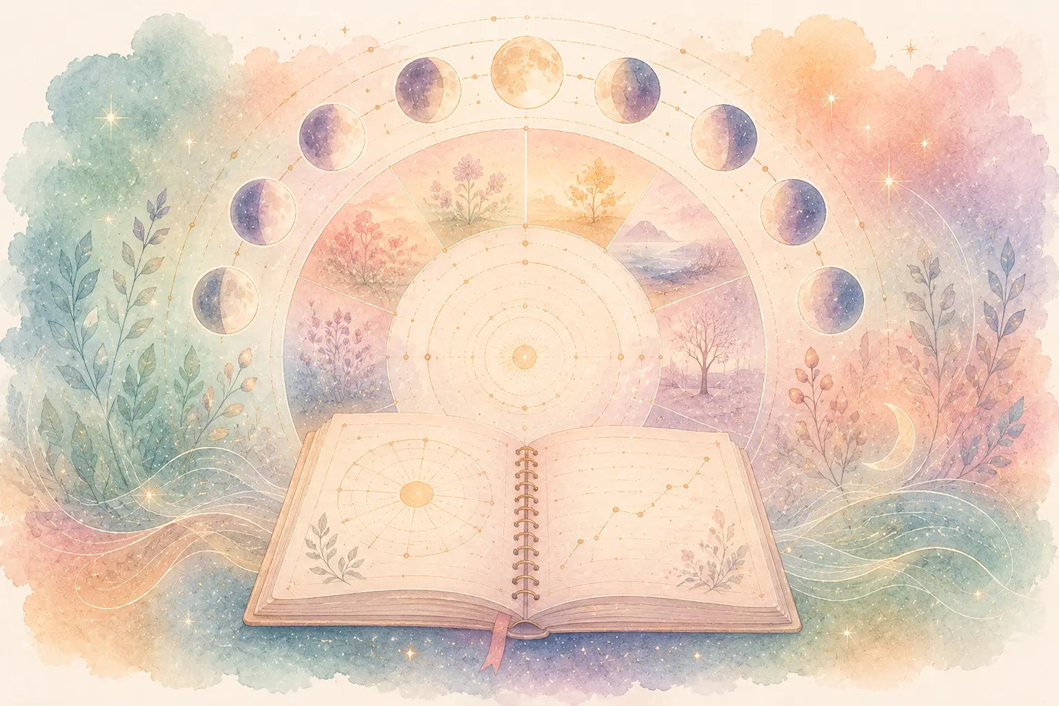 Ilustración de ciclos y etapas de vida representados con fases lunares y un cuaderno