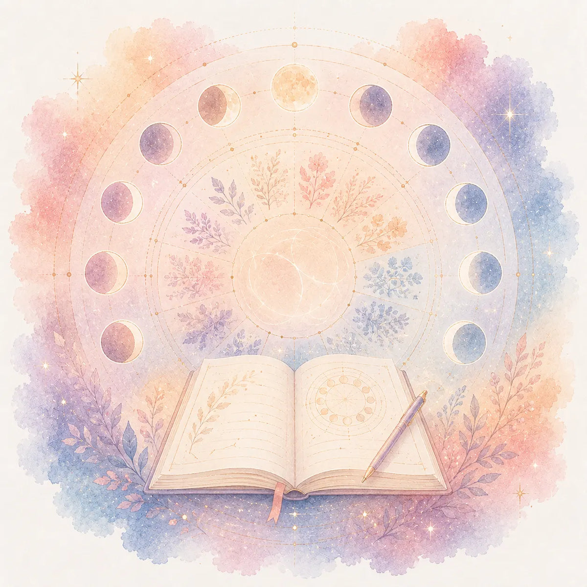 Ilustración de un cuaderno rodeado de fases lunares y elementos que representan ciclos y etapas personales