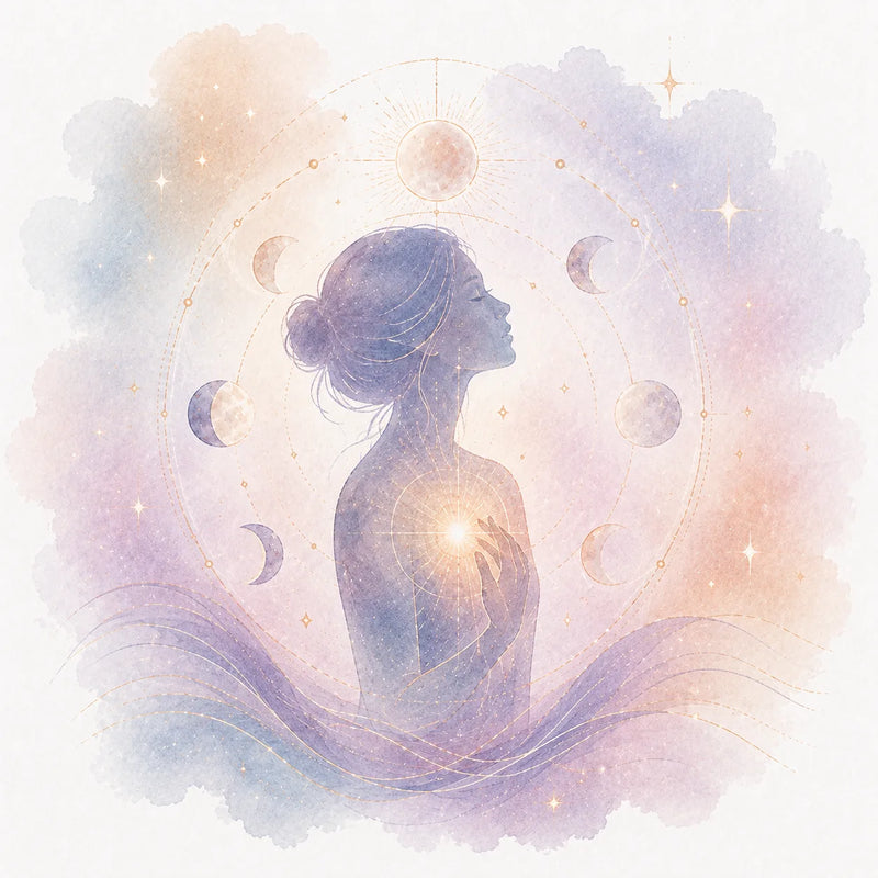 Ilustración de una mujer rodeada por fases lunares que representan ciclos personales