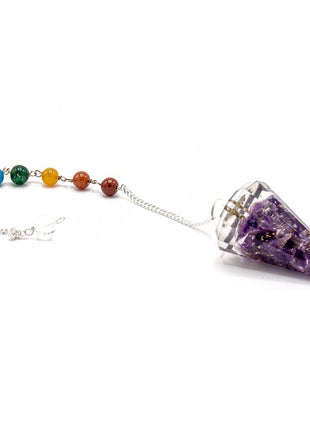 Péndulo de orgonita de amatista con cadena de 7 chakras para radiestesia y armonización energética