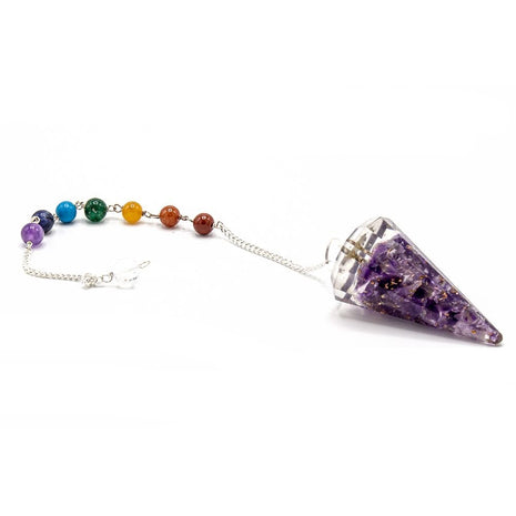 Péndulo de orgonita de amatista con cadena de 7 chakras para radiestesia y armonización energética