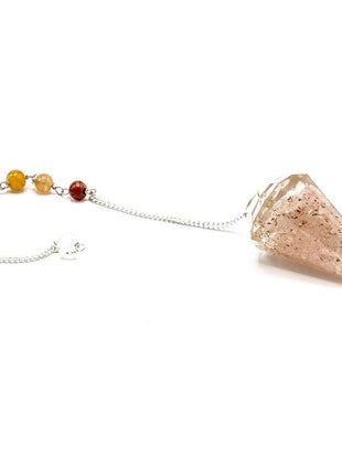 Péndulo de orgonita de cuarzo rosa con cadena de 7 chakras para radiestesia, equilibrio energético y armonización espiritual