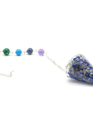 Péndulo de orgonita de lapislázuli con cadena de 7 chakras para radiestesia, intuición, protección energética y conexión espiritual