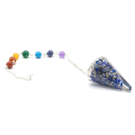 Péndulo de orgonita de lapislázuli con cadena de 7 chakras para radiestesia, intuición, protección energética y conexión espiritual