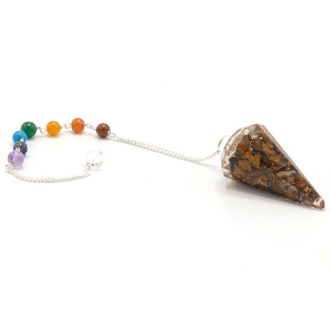 Péndulo de orgonita de ojo de tigre con cadena de 7 chakras para radiestesia y armonización energética