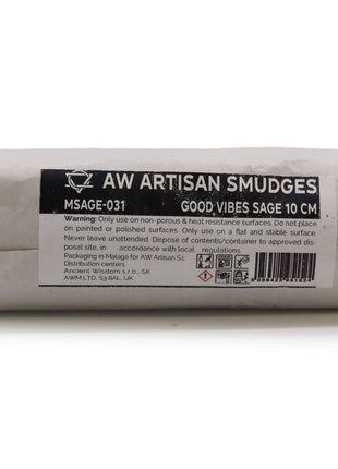Atado de salvia blanca Buenas Vibraciones 10 cm con etiqueta AW Artisan Smudges