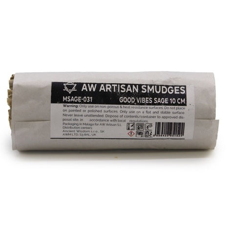 Atado de salvia blanca Buenas Vibraciones 10 cm con etiqueta AW Artisan Smudges