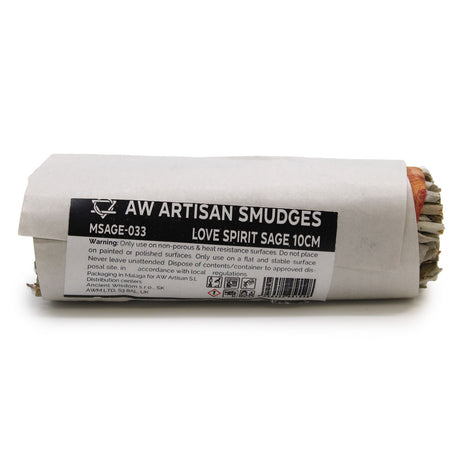 Parte trasera del atado de salvia Espíritu de Amor de 10 cm con etiqueta AW Artisan Smudges