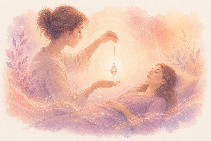 Ilustración de una sesión de terapia con péndulo sobre una persona tumbada