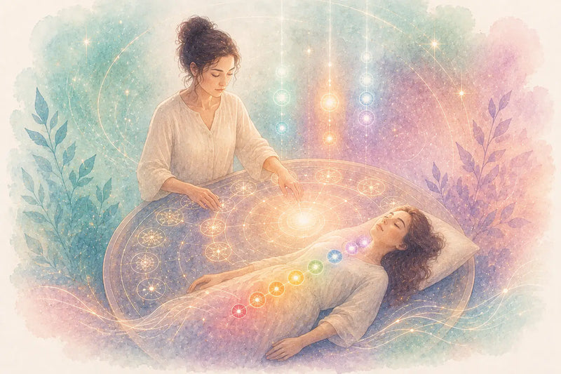 Ilustración de una sesión de terapia energética con los chakras representados sobre el cuerpo